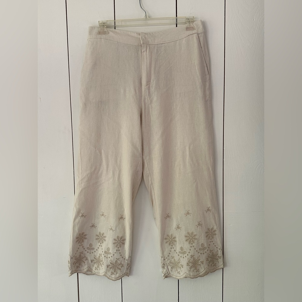 Tahari Linen Blend Wide Leg Crop Pillow Case Pants XL Cream Pockets Romantic